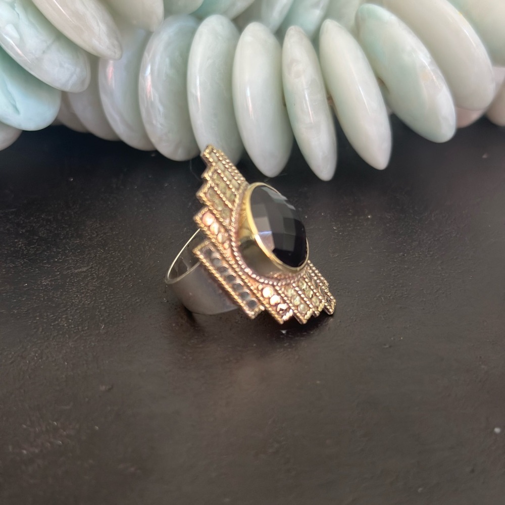 Anna Beck Gold Ring with Faceted Black Stone and Ornate Band - Picture 3 of 5